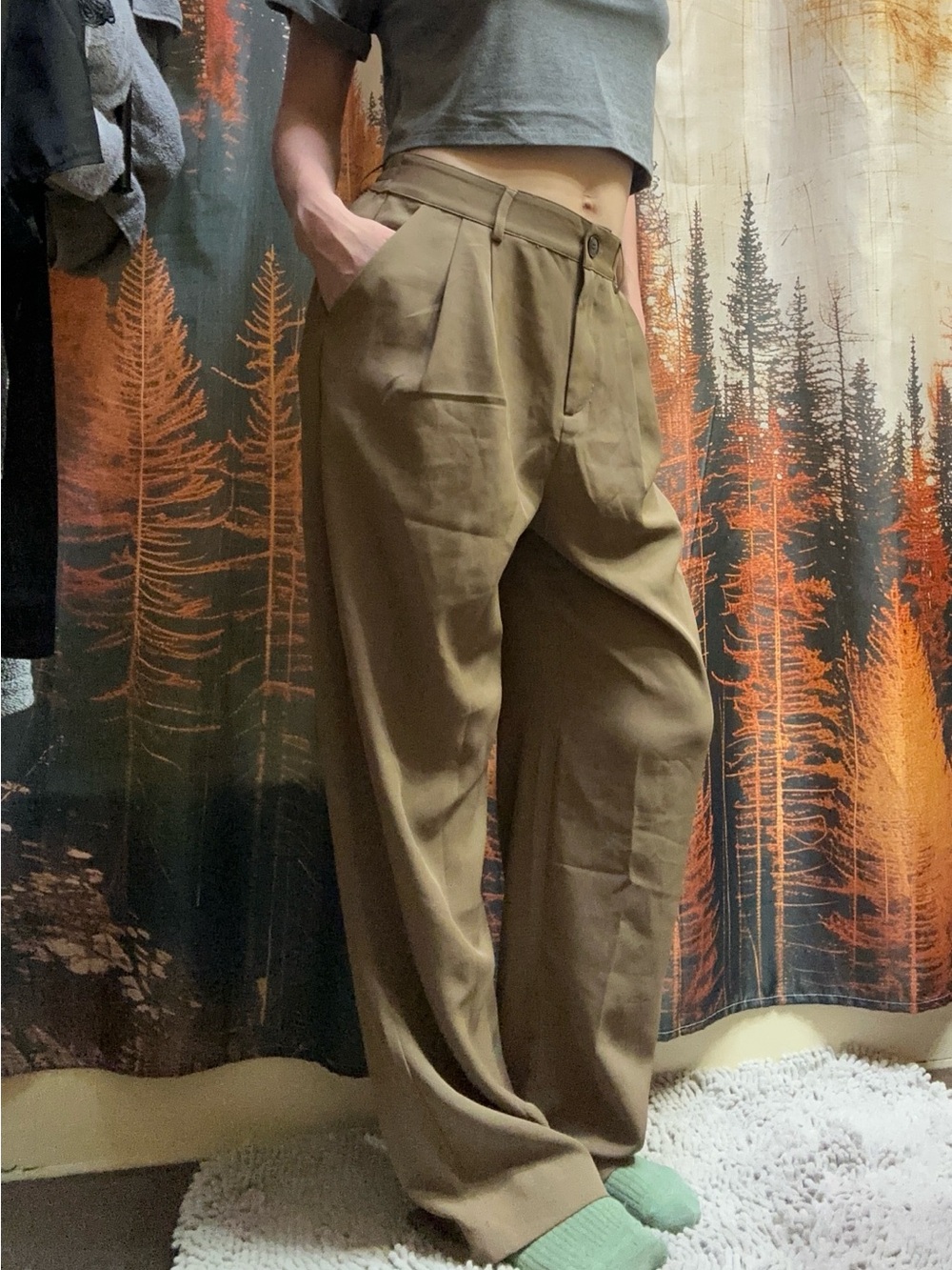HALARA Olive Brown High-Rise Pleated Wide-Leg Trousers